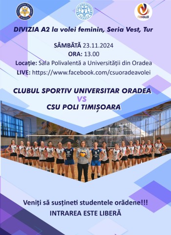 CSU Oradea – CSU Politehnica Timișoara, sâmbătă, ora 13:00